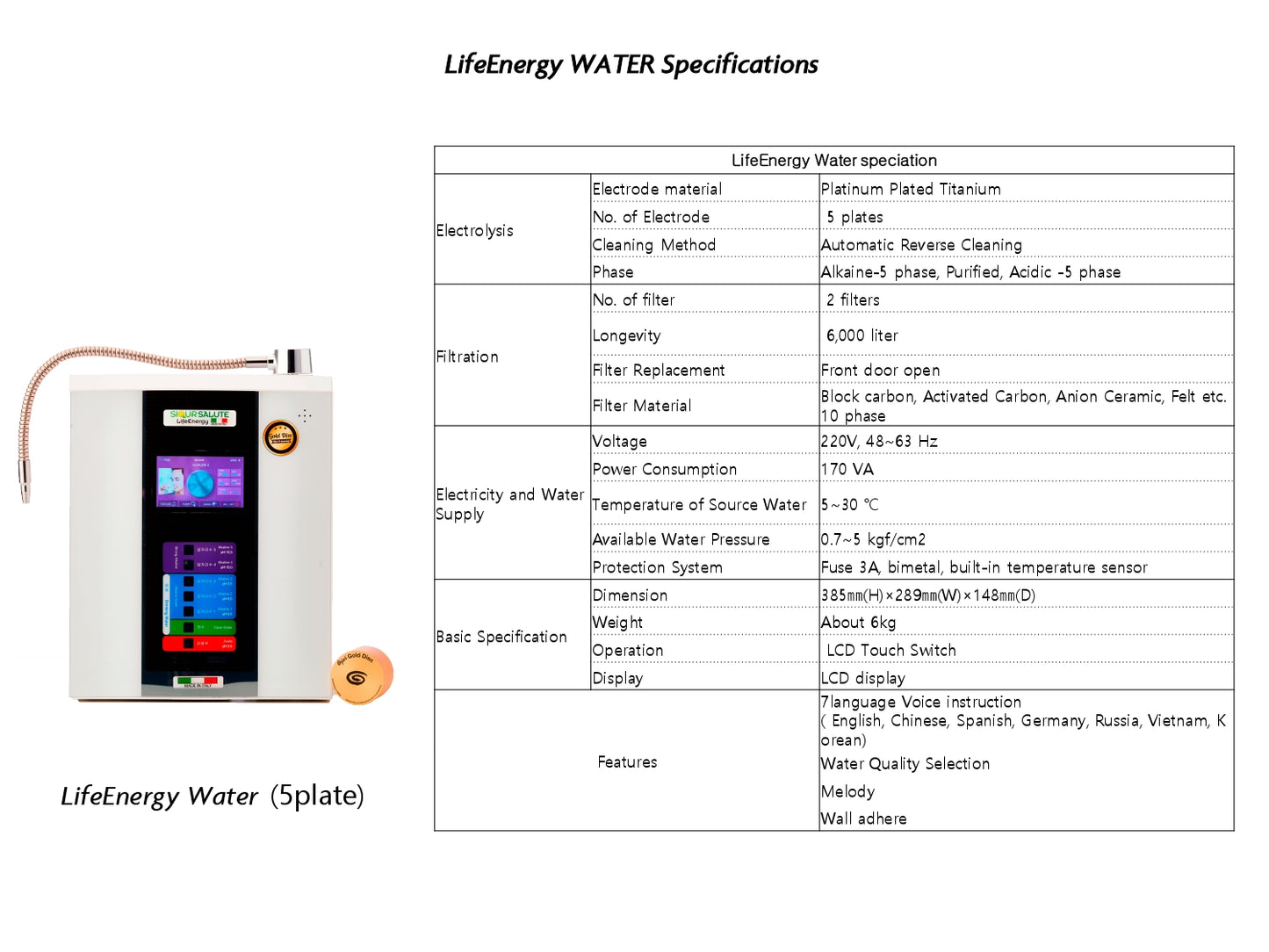 Purificatore e Ionizzatore d’Acqua LifeEnergy